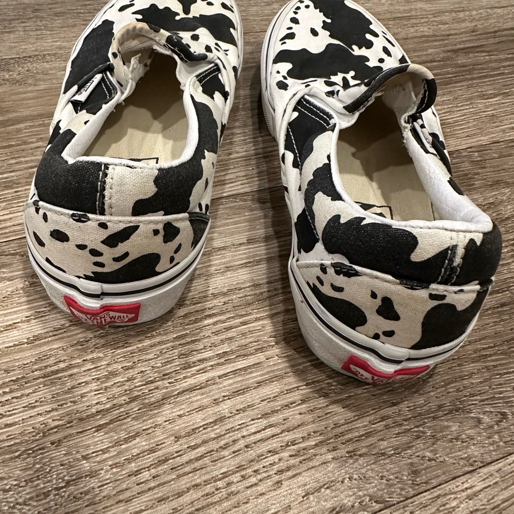 Vans Black and White Cow Print Slip-On Sneakers - Picture 2 of 4